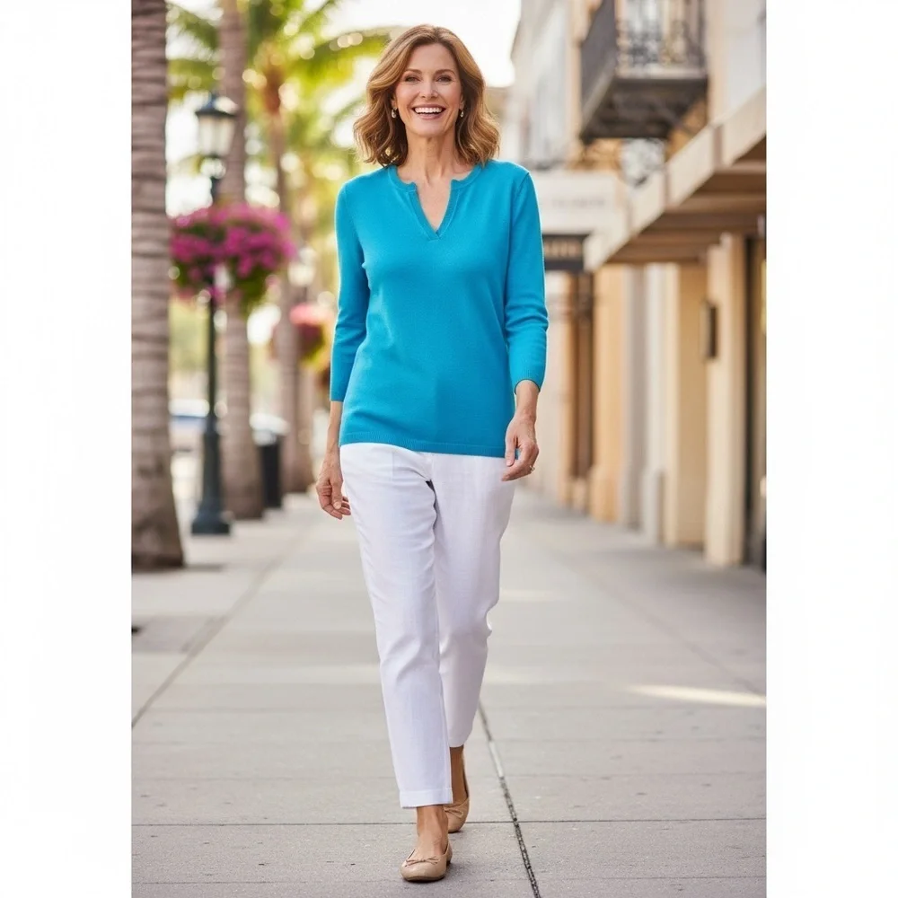 Lauren Ralph Lauren C-Neck Sweater Silk Pullover Preppy Resort Top Blue Ombré M